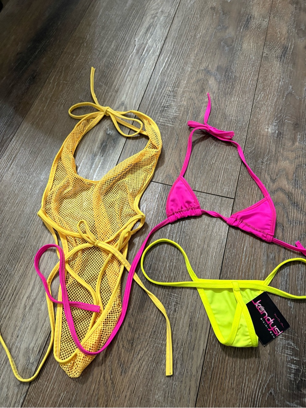 Yellow Mesh Halter String Bodysuit bikini bundle dancers Kandy